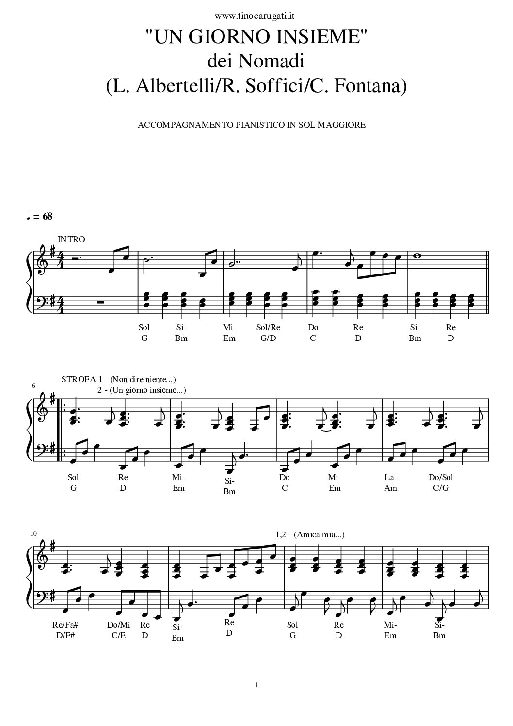 Spartito Pianoforte "UN GIORNO INSIEME" Nomadi - In Sol