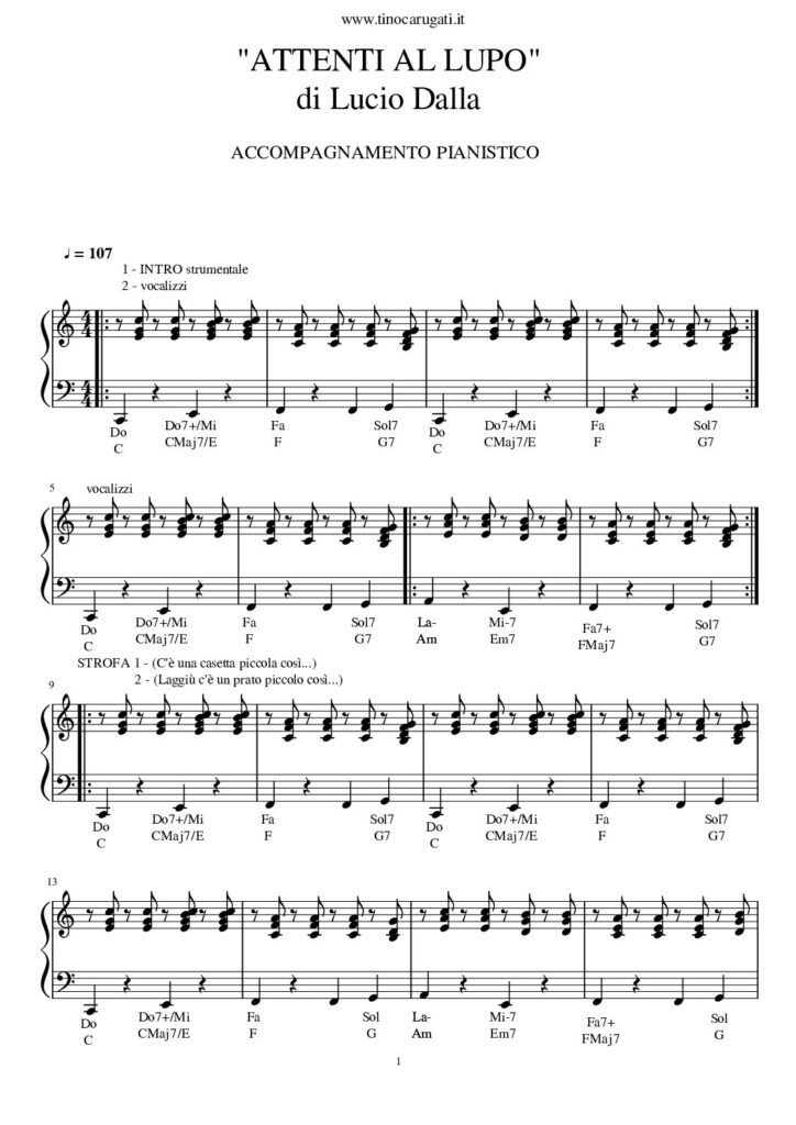 Spartito Pianoforte "ATTENTI AL LUPO" Lucio Dalla