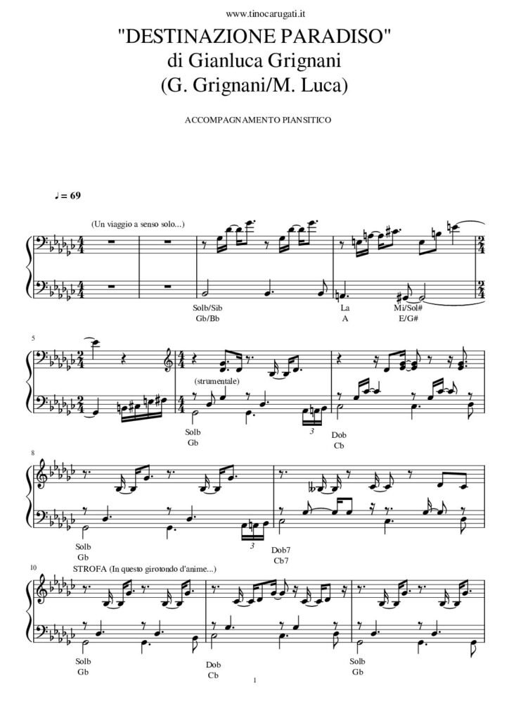 Spartito Pianoforte "DESTINAZIONE PARADISO" Gianluca Grignani