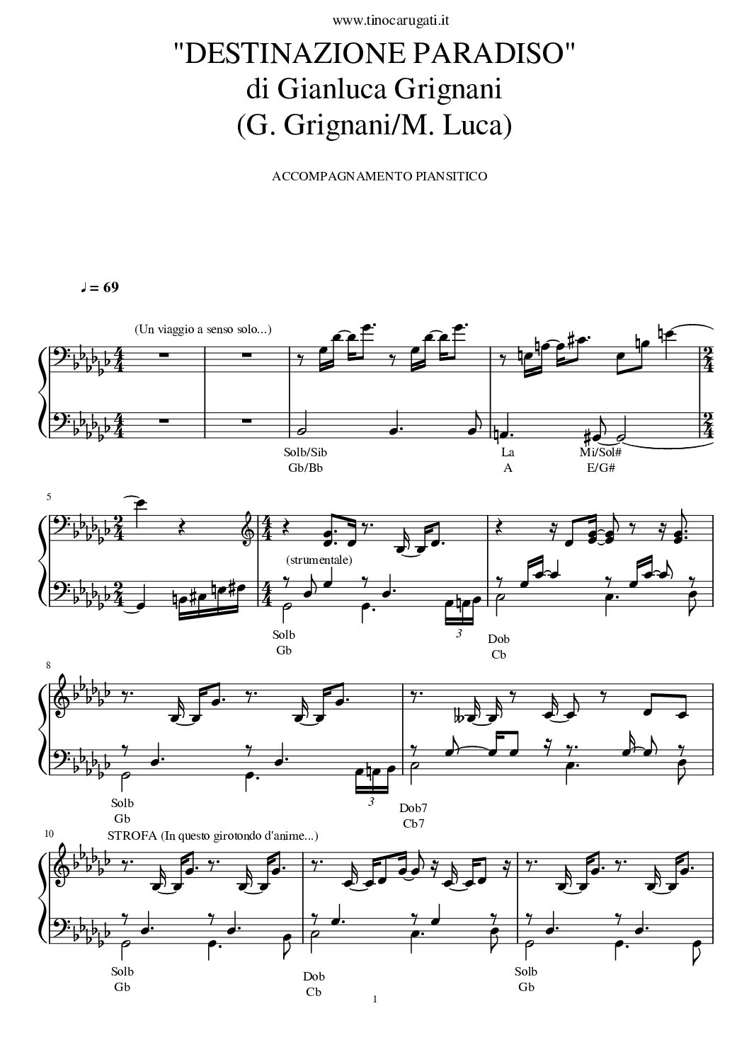 Spartito Pianoforte "DESTINAZIONE PARADISO" Gianluca Grignani