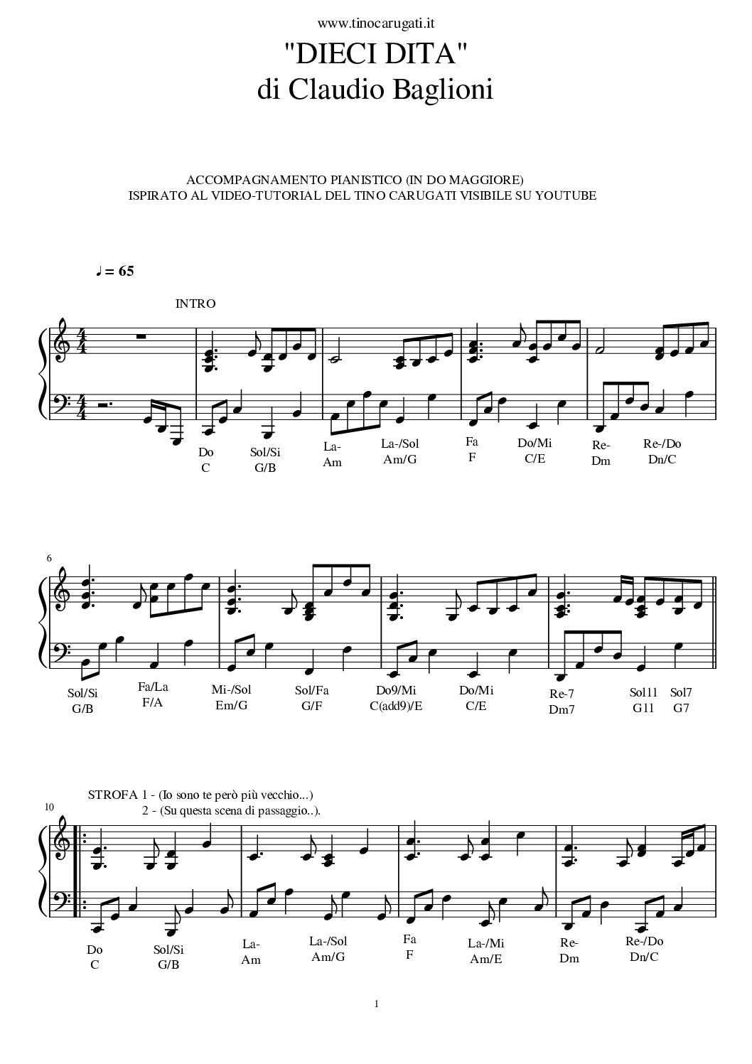 Spartito Pianoforte "DIECI DITA" Claudio Baglioni