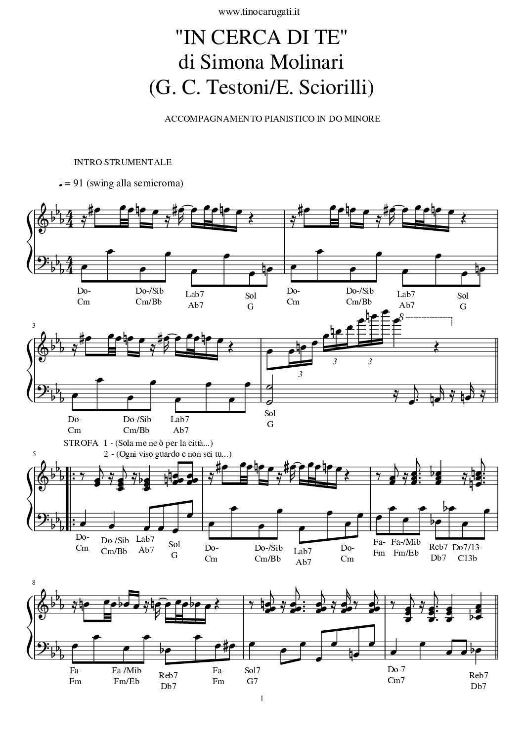 Spartito Pianoforte "IN CERCA DI TE" Simona Molinari - In Dom