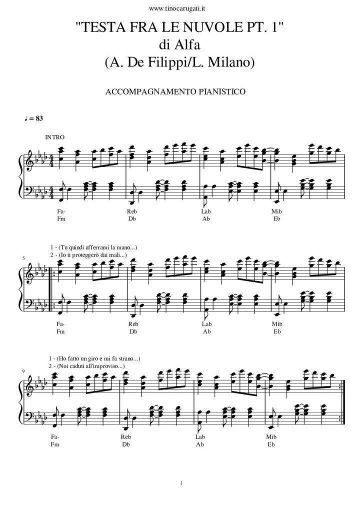 Spartito Pianoforte "Testa fra le nuvole" Alfa