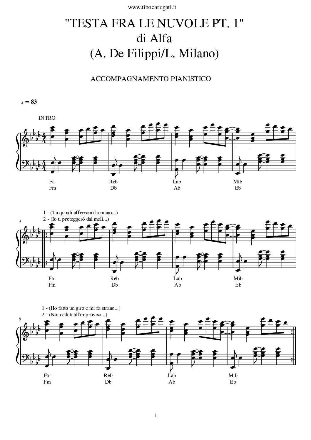 Spartito Pianoforte "Testa fra le nuvole" Alfa