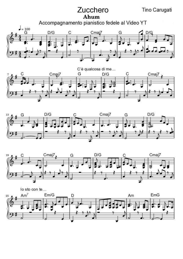 Spartito Pianoforte "AHUM" Zucchero - Accompagnamento pianistico fedele al Video YT