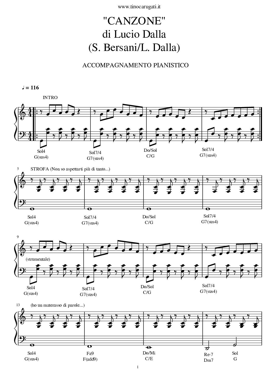 Spartito Pianoforte "CANZONE" Lucio Dalla