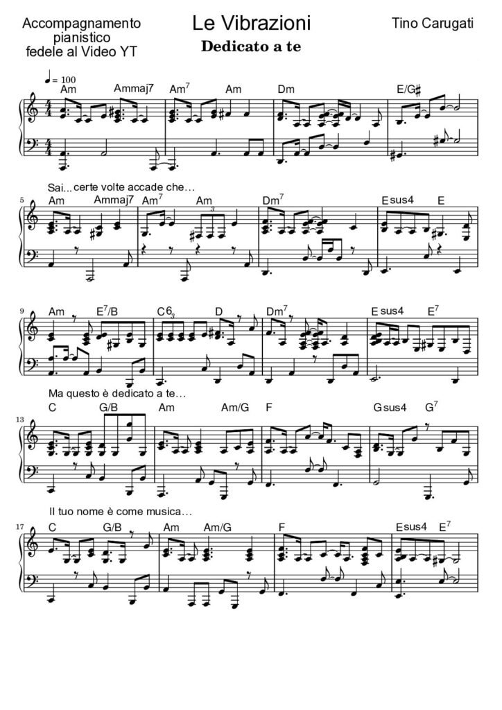 Spartito Pianoforte "DEDICATO A TE"  Le Vibrazioni - Accompagnamento pianistico fedele al video YT