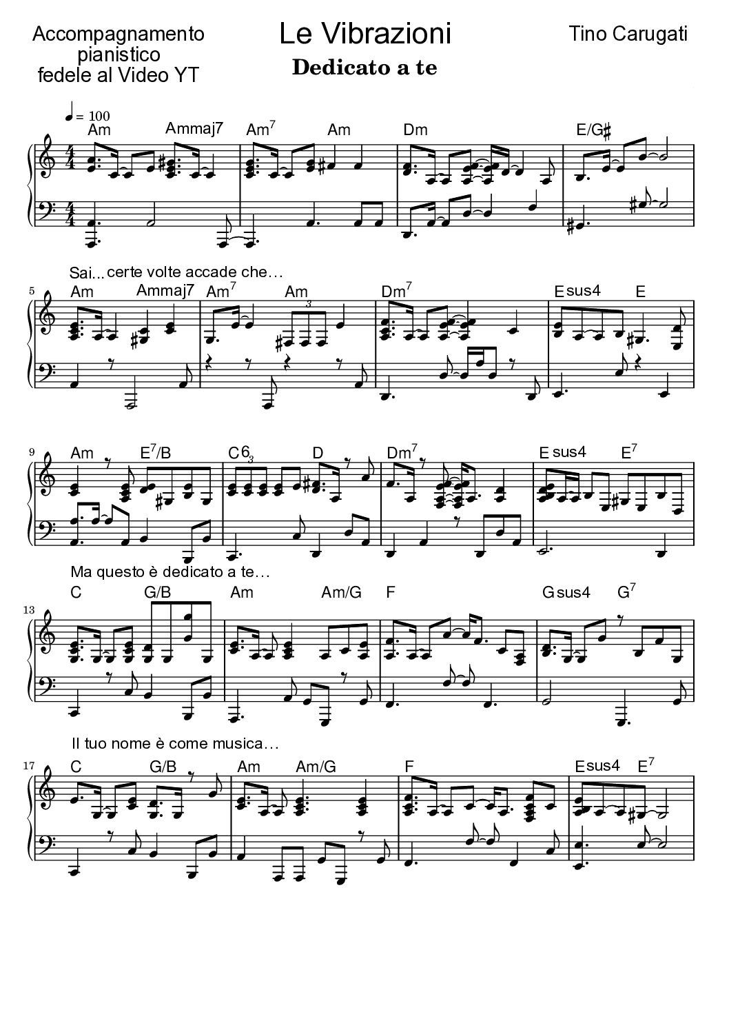 Spartito Pianoforte "DEDICATO A TE"  Le Vibrazioni - Accompagnamento pianistico fedele al video YT