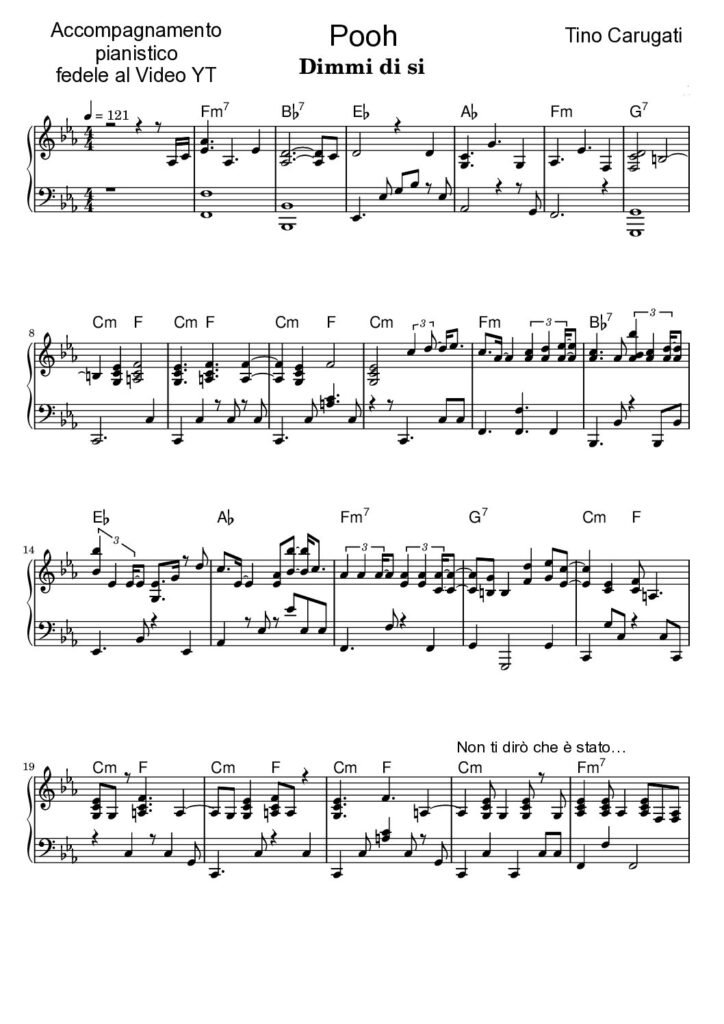 Spartito Pianoforte "DIMMI DI SI" Pooh - Accompagnamento pianistico fedele al Video YT