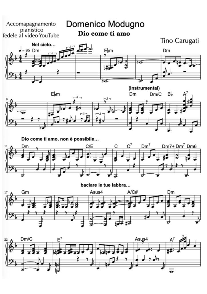 Spartito Pianoforte "DIO, COME TI AMO"  Domenico Modugno - Accompagnamento pianistico fedele al Video YT
