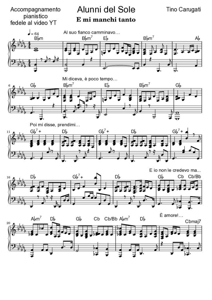 Spartito Pianoforte  "E MI MANCHI TANTO"  Alunni del sole - Accompagnamento pianistico fedele al video YT