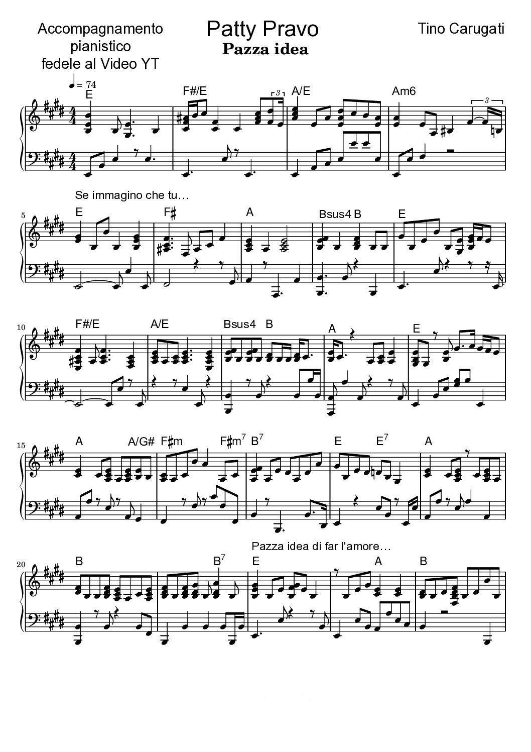 Spartito Pianoforte  "PAZZA IDEA"  Patty Pravo - Accompagnamento pianistico fedele al Video YT