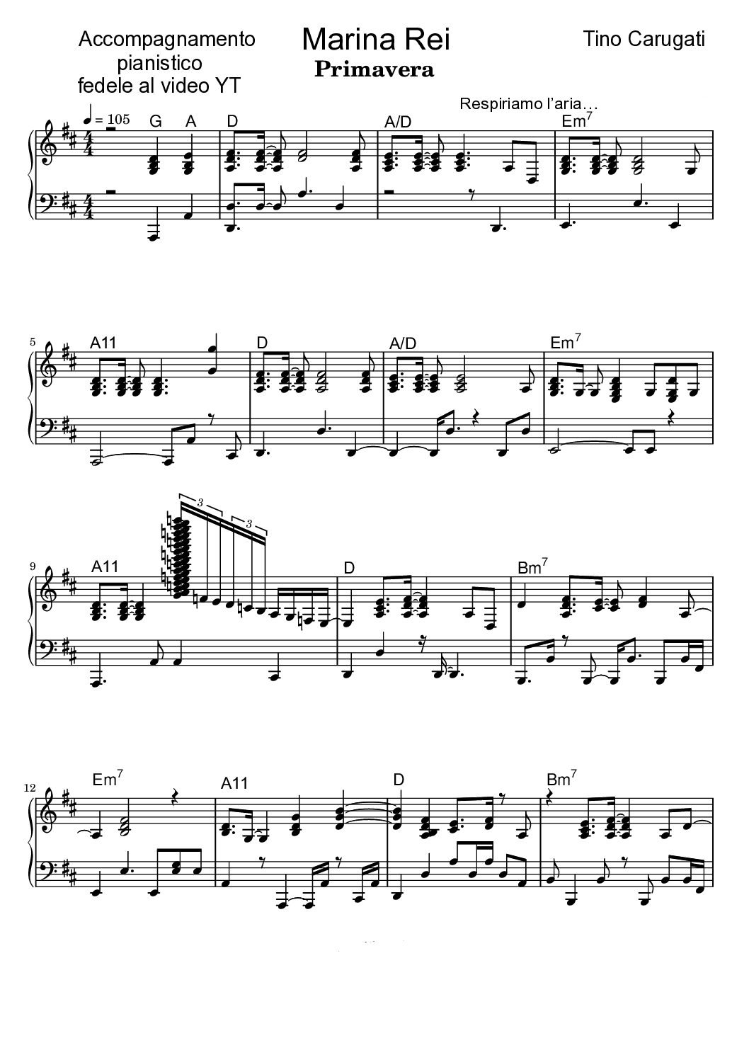 Spartito Pianoforte "PRIMAVERA" Marina Rei - Accompagnamento pianistico fedele al video YT