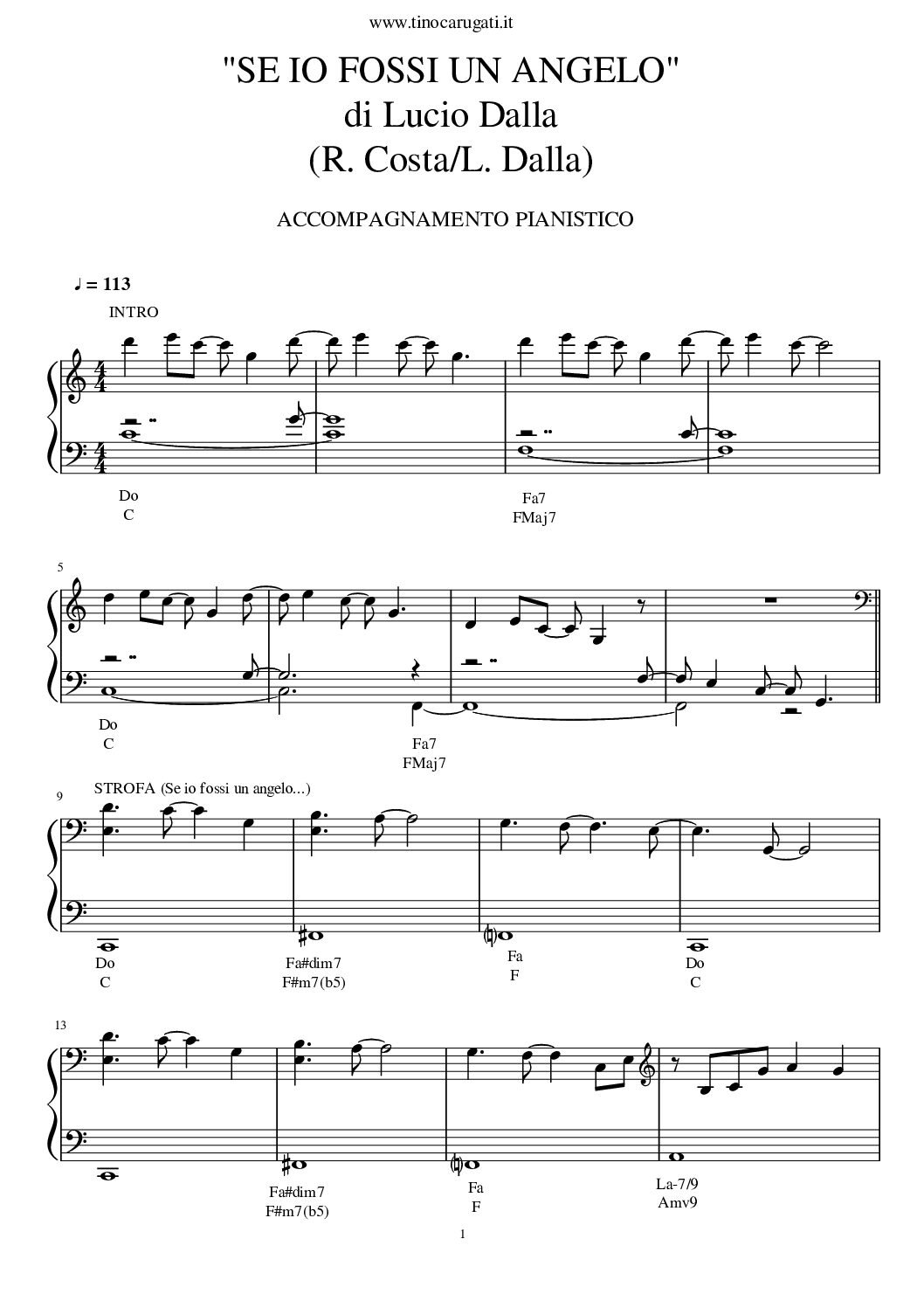 Spartito Pianoforte  "SE IO FOSSI UN ANGELO"  Lucio Dalla