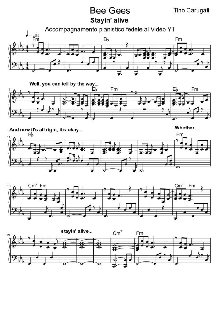 Spartito Pianoforte "STAYIN' ALIVE" Bee Gees - Accompagnamento pianistico fedele al Video YT