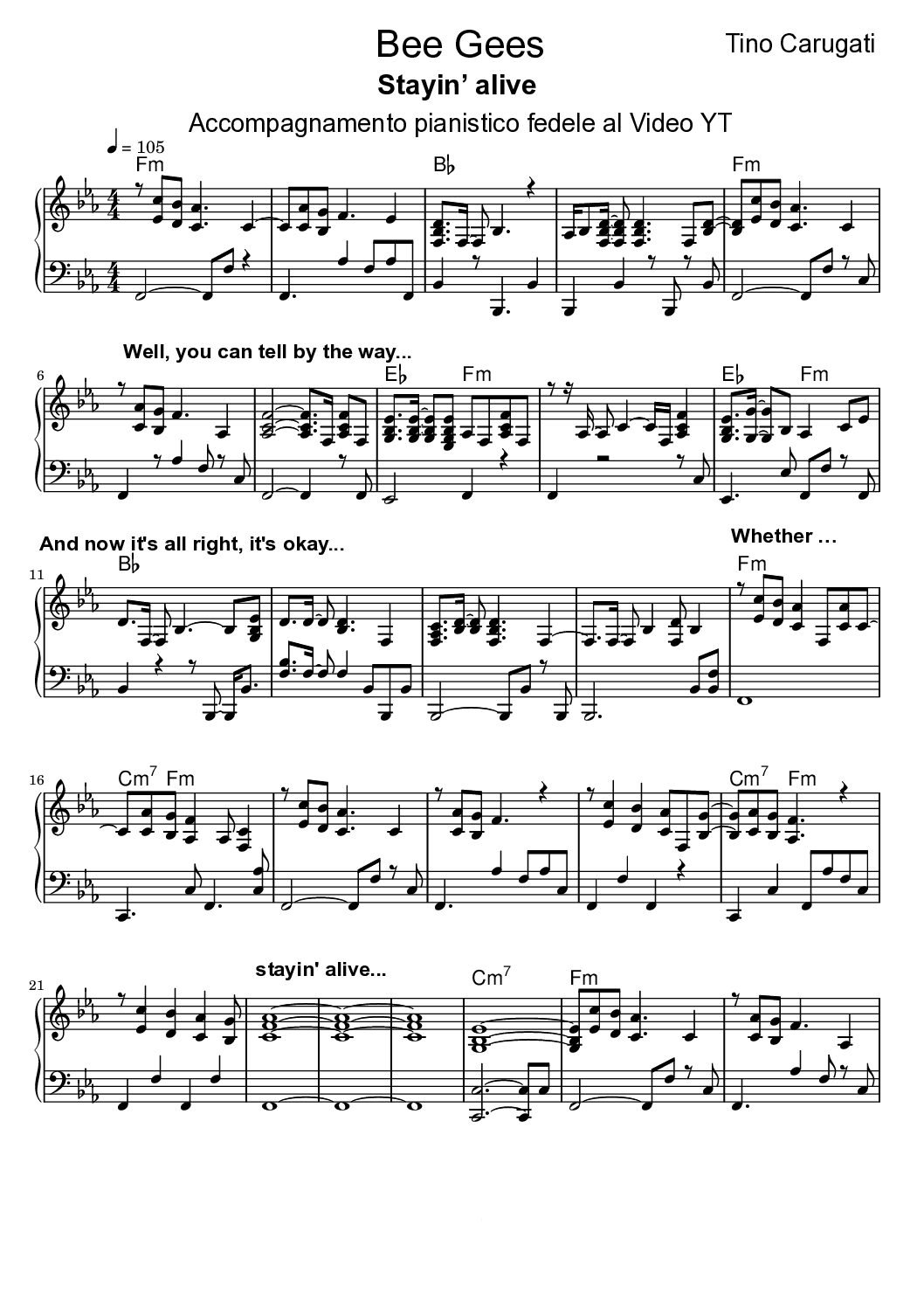 Spartito Pianoforte "STAYIN' ALIVE" Bee Gees - Accompagnamento pianistico fedele al Video YT