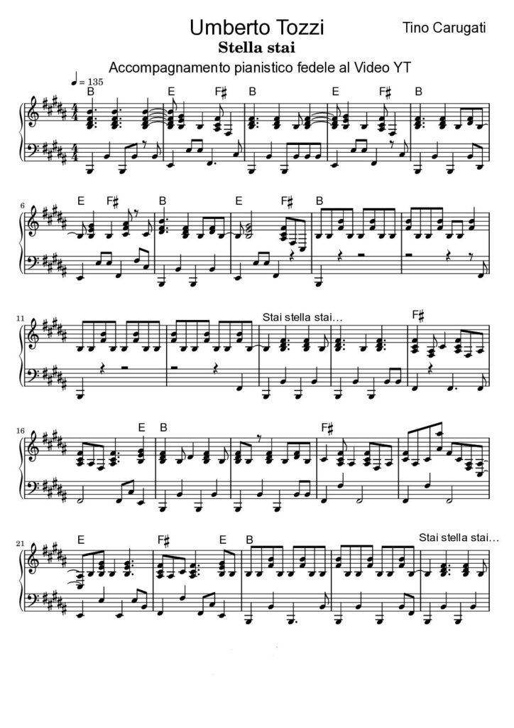 Spartito Pianoforte "STELLA STAI" Umberto Tozzi - Accompagnamento fedele al Video YT