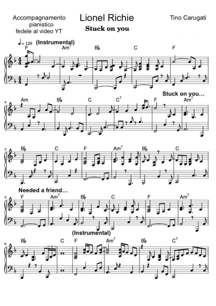 Spartito Pianoforte "STUCK ON YOU" Lionel Richie - Accompagnamento pianistico fedele al Video YT
