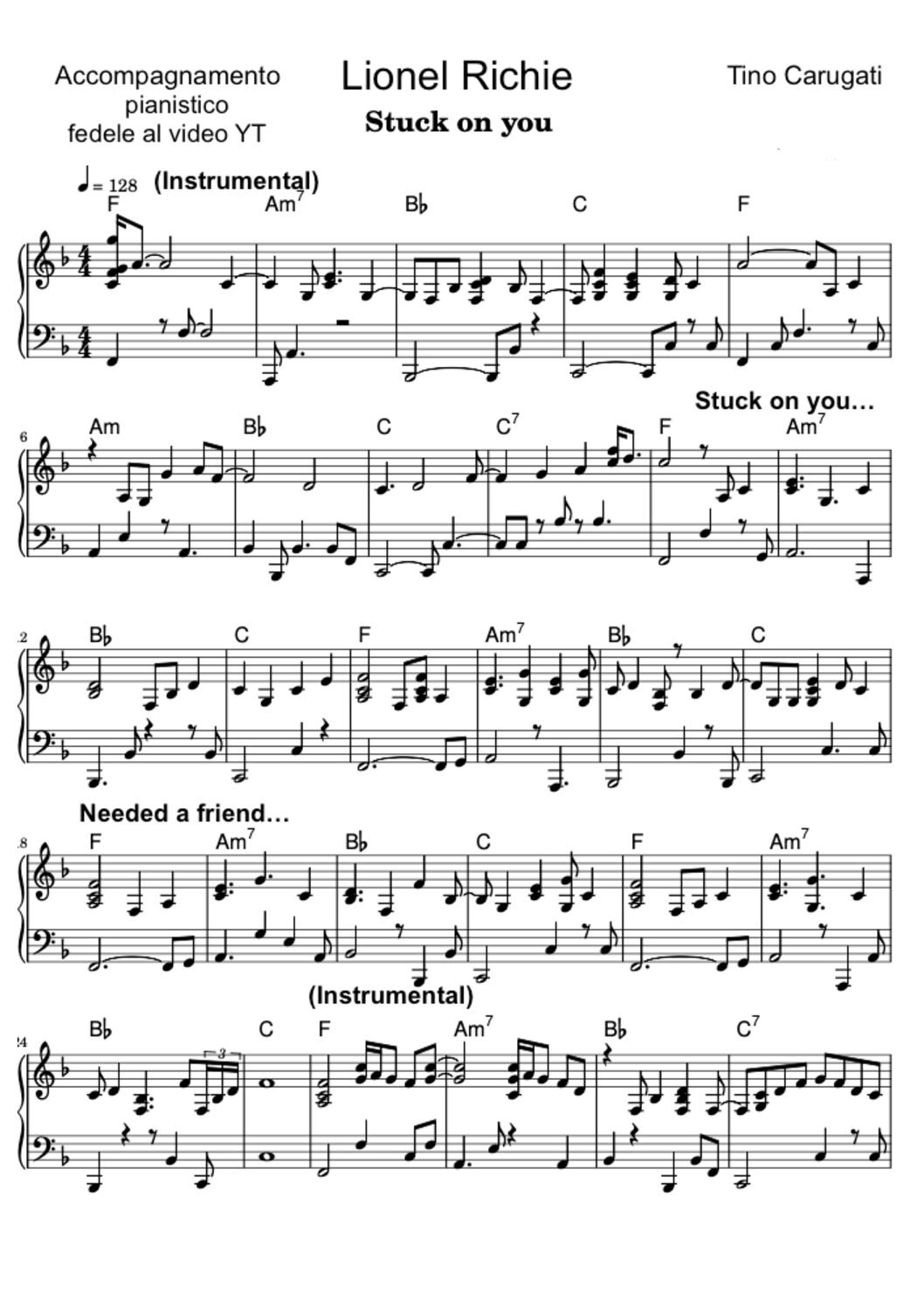 Spartito Pianoforte  "STUCK ON YOU"  Lionel Richie - Accompagnamento pianistico fedele al Video YT