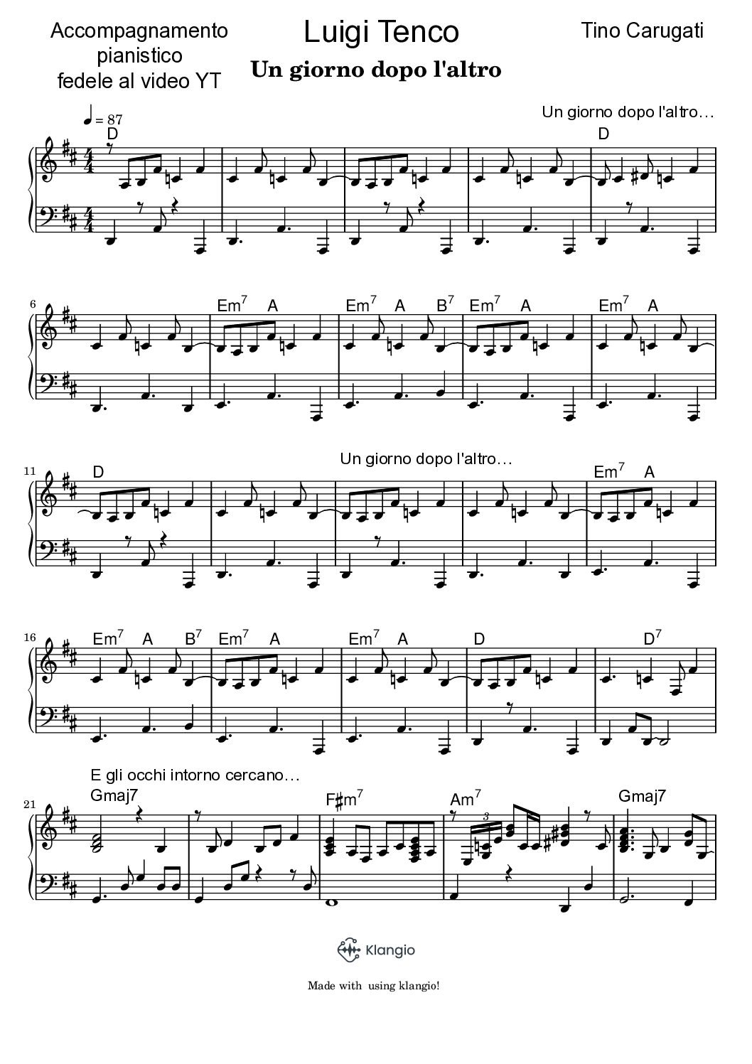 Spartito Pianoforte "UN GIORNO DOPO L'ALTRO" Luigi Tenco - Accompagnamento pianistico fedele al video YT