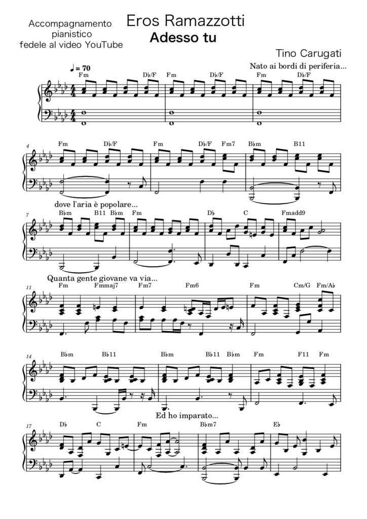 Spartito Pianoforte "ADESSO TU" Eros Ramazzotti - Accompagnamento fedele al video YouTube
