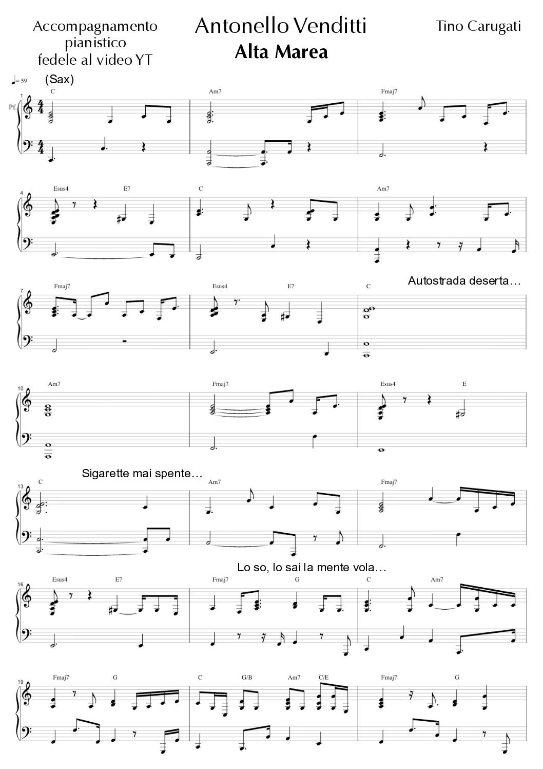 Spartito Pianoforte "ALTA MAREA" Antonello Venditti - Accompagnamento pianistico fedele al video YT