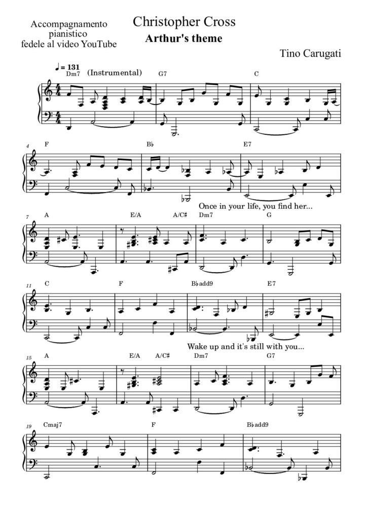 Spartito Pianoforte "ARTHUR'S THEME" Christopher Cross - Accompagnamento pianistico fedele al video YouTube