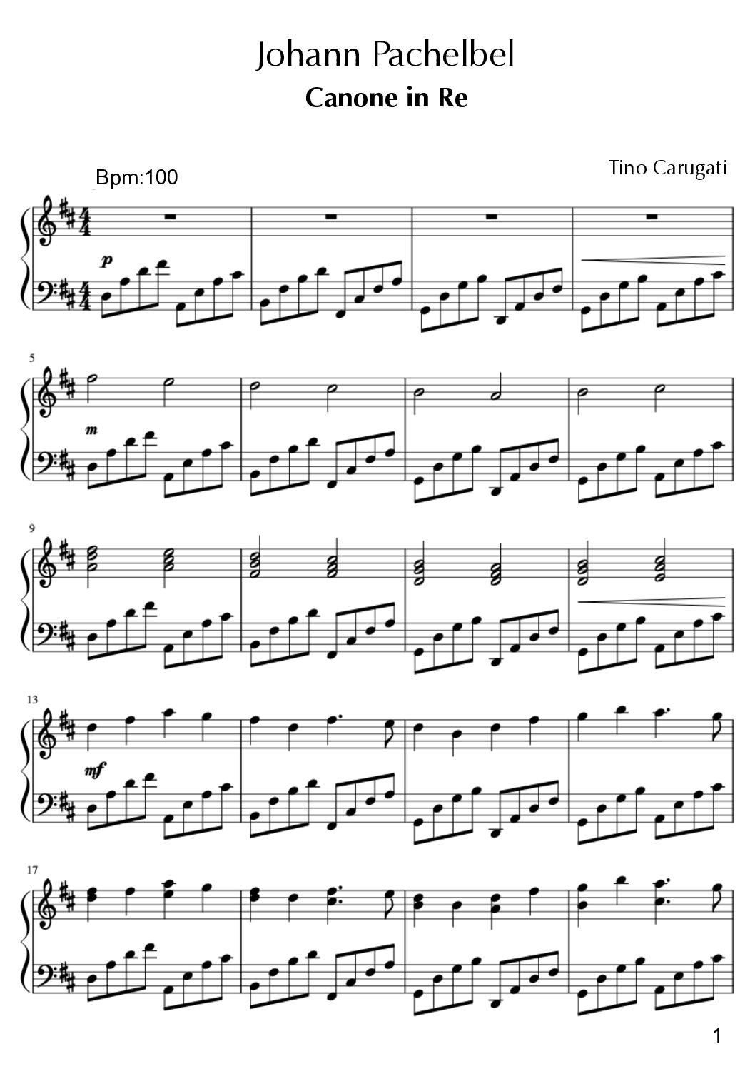 Spartito Pianoforte " CANONE IN RE" Johann Pachelbel - Riadattamento per solo Pianoforte