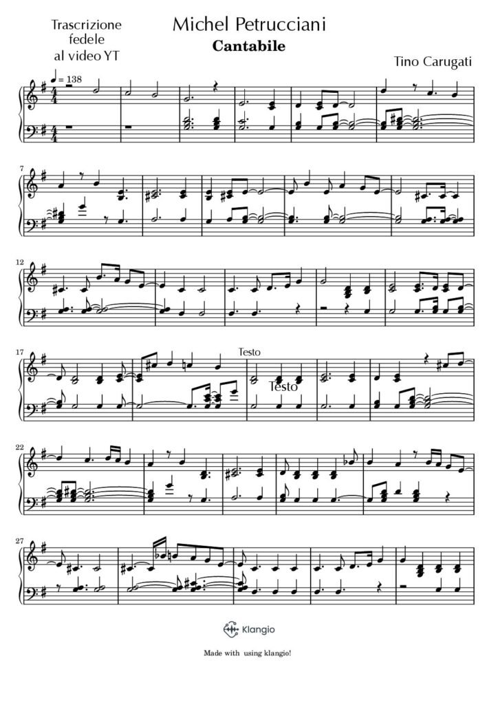 Spartito Pianoforte "CANTABILE" Michel Petrucciani - Trascrizione fedele al video YT, da suonarsi con la base MP3 allegata