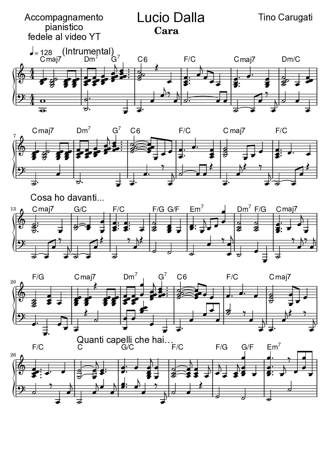 Spartito Pianoforte "CARA" Lucio Dalla - Accompagnamento fedele al video YT