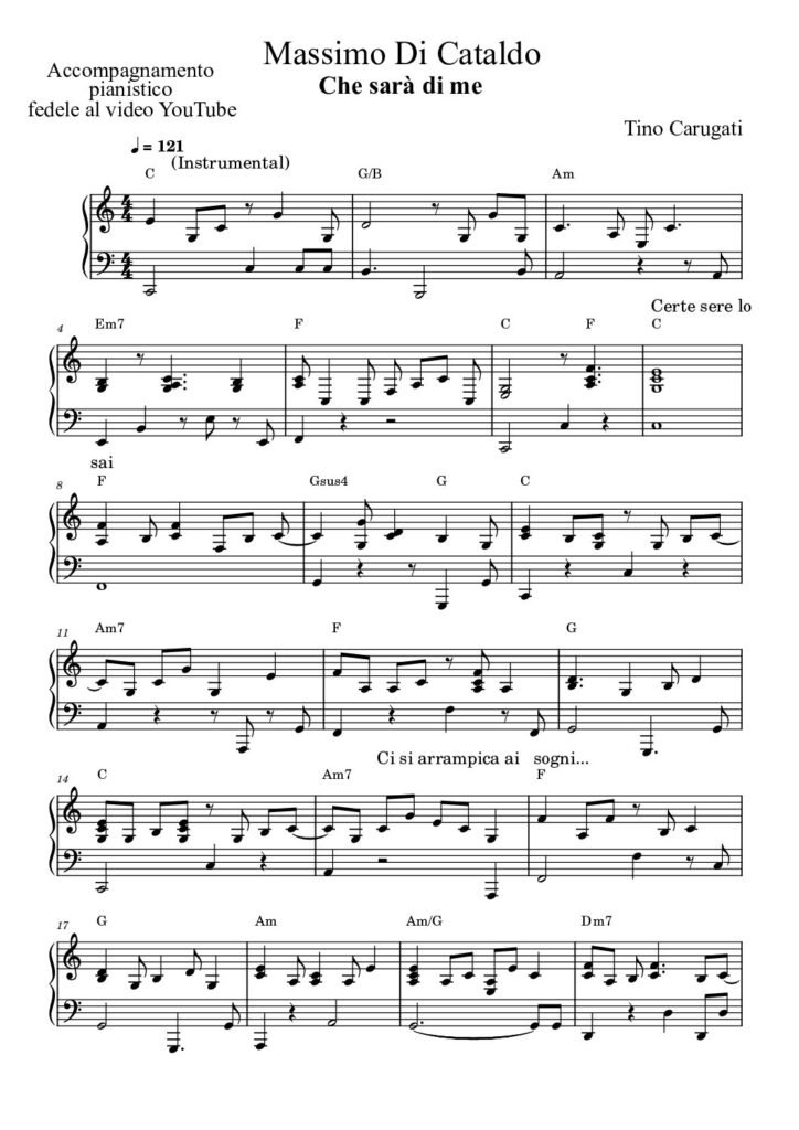 Spartito Pianoforte "CHE SARA' DI ME" Massimo Di Cataldo - Accompagnamento pianistico fedele al video YouTube
