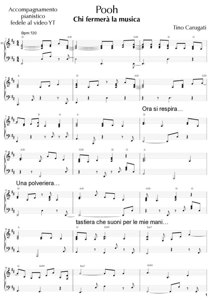 Spartito Pianoforte "CHI FERMERA' LA MUSICA" Pooh - Accompagnamento pianistico fedele al Video YT