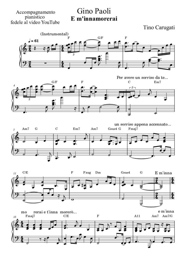 Spartito Pianoforte  "E M'INNAMORERAI"  Gino Paoli - Accompagnamento pianistico fedele al video YouTube