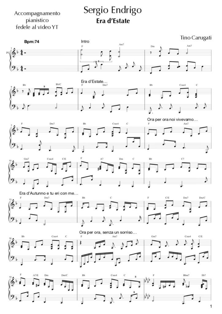 Spartito Pianoforte "ERA D'ESTATE" Sergio Endrigo - Accompagnamento pianistico fedele al video YT