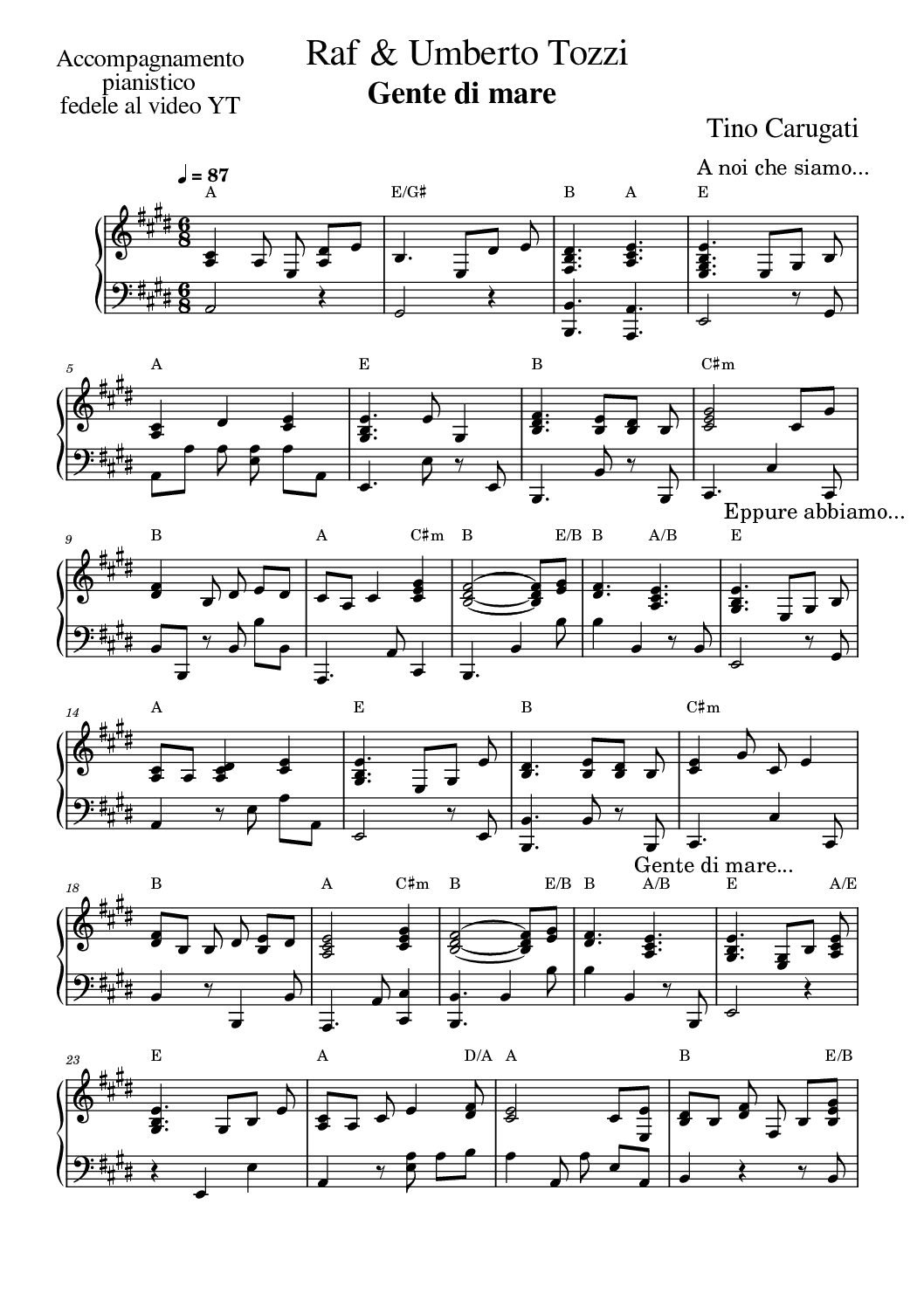 Spartito Pianoforte "GENTE DI MARE"  Raf & Umberto Tozzi - Accompagnamento fedele al video YT