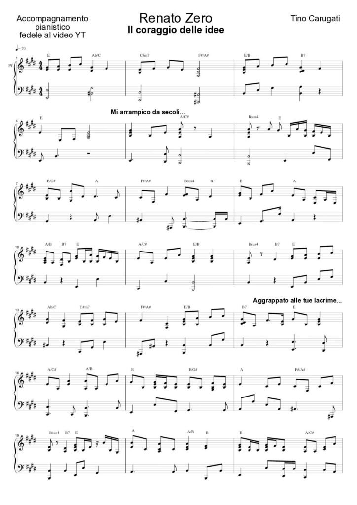 Spartito Pianoforte "IL CORAGGIO DELLE IDEE" Renato Zero - Accompagnamento pianistico fedele al video YT