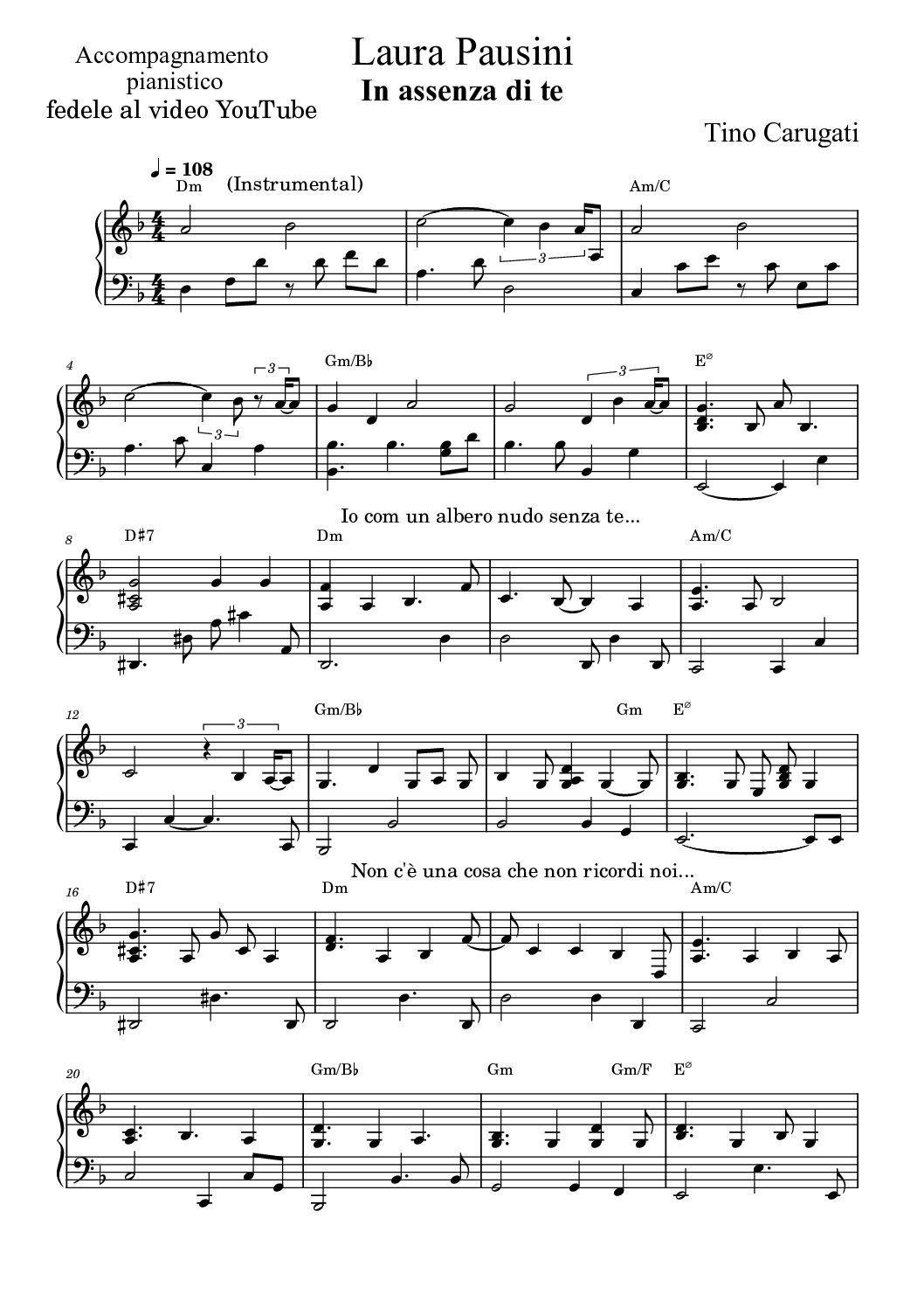Spartito Pianoforte  " 'IN ASSENZA DI TE"  Laura Pausini - Accompagnamento pianistico in Re minore fedele al video YouTube