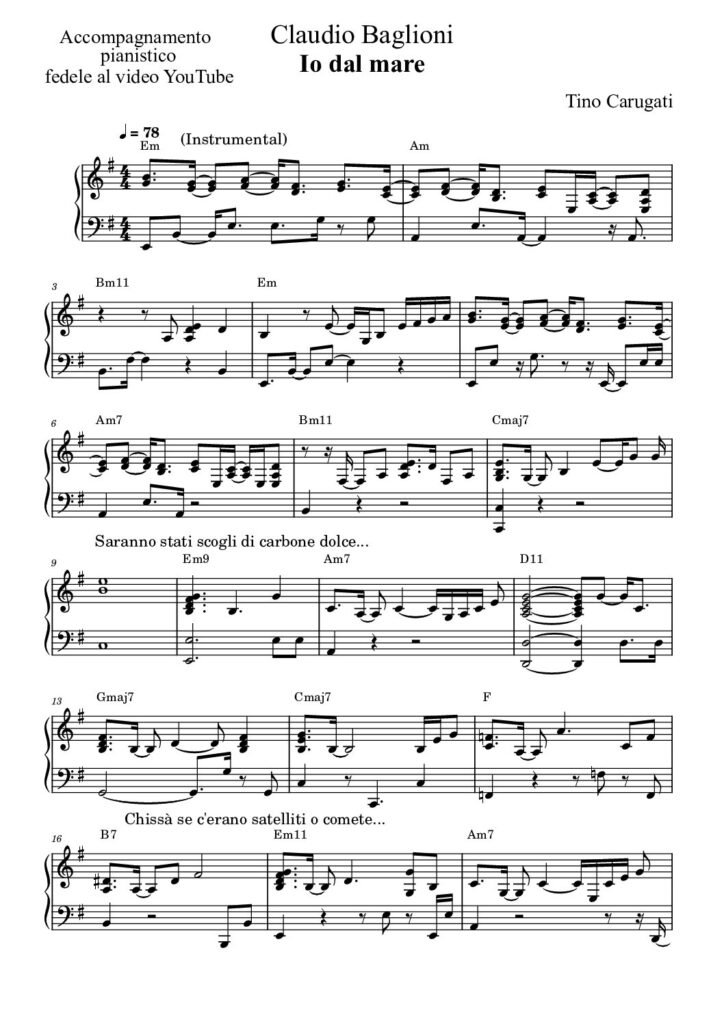 Spartito Pianoforte "IO DAL MARE" Claudio Baglioni - Accompagnamento pianistico fedele al video YouTube