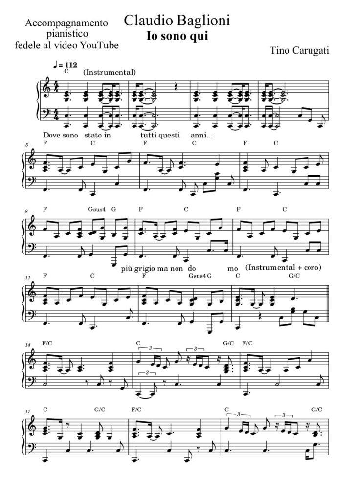 Spartito Pianoforte "IO SONO QUI" Claudio Baglioni - Accompagnamento pianistico fedele al video YouTube