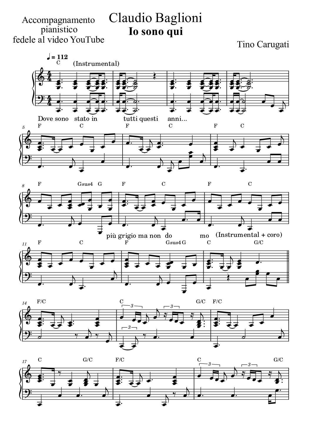 Spartito Pianoforte  "IO SONO QUI"  Claudio Baglioni - Accompagnamento pianistico fedele al video YouTube