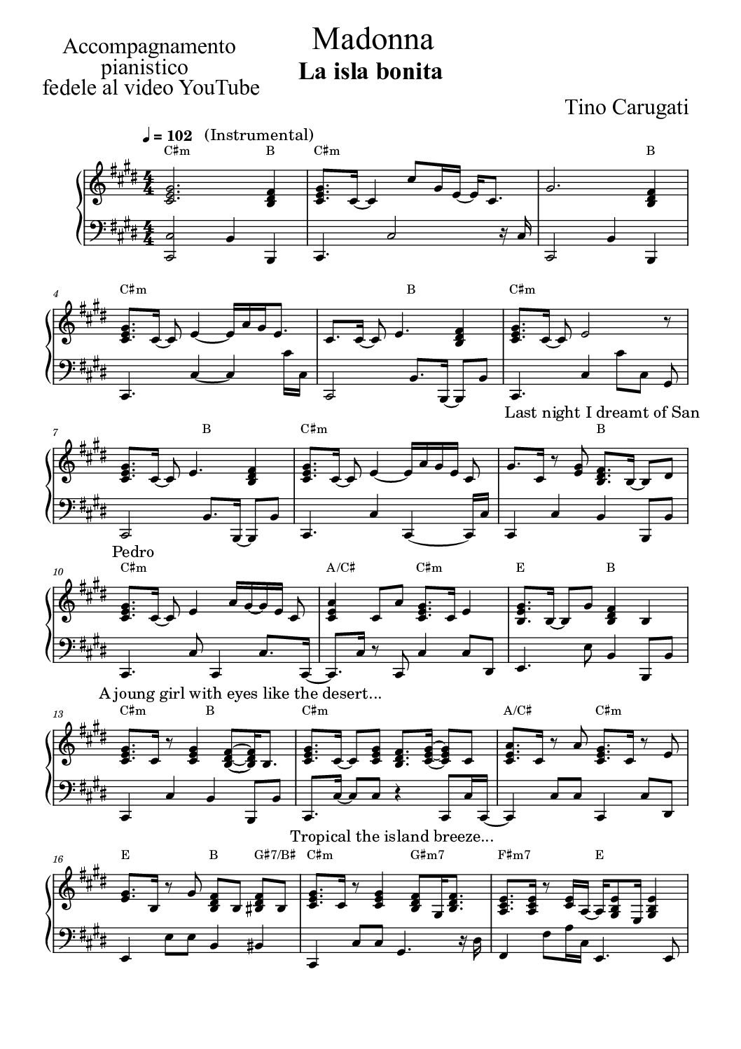 Spartito Pianoforte  "LA ISLA BONITA"  Madonna - Accompagnamento pianistico fedele al video YouTube