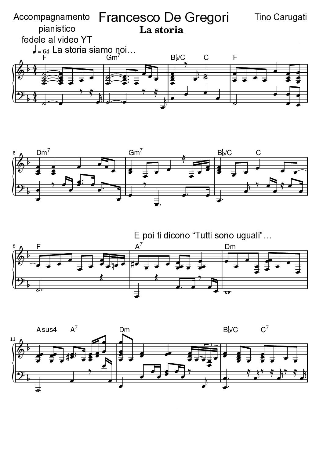 Spartito Pianoforte  "LA STORIA"  Francesco De Gregori - Accompagnamento fedele al video YT
