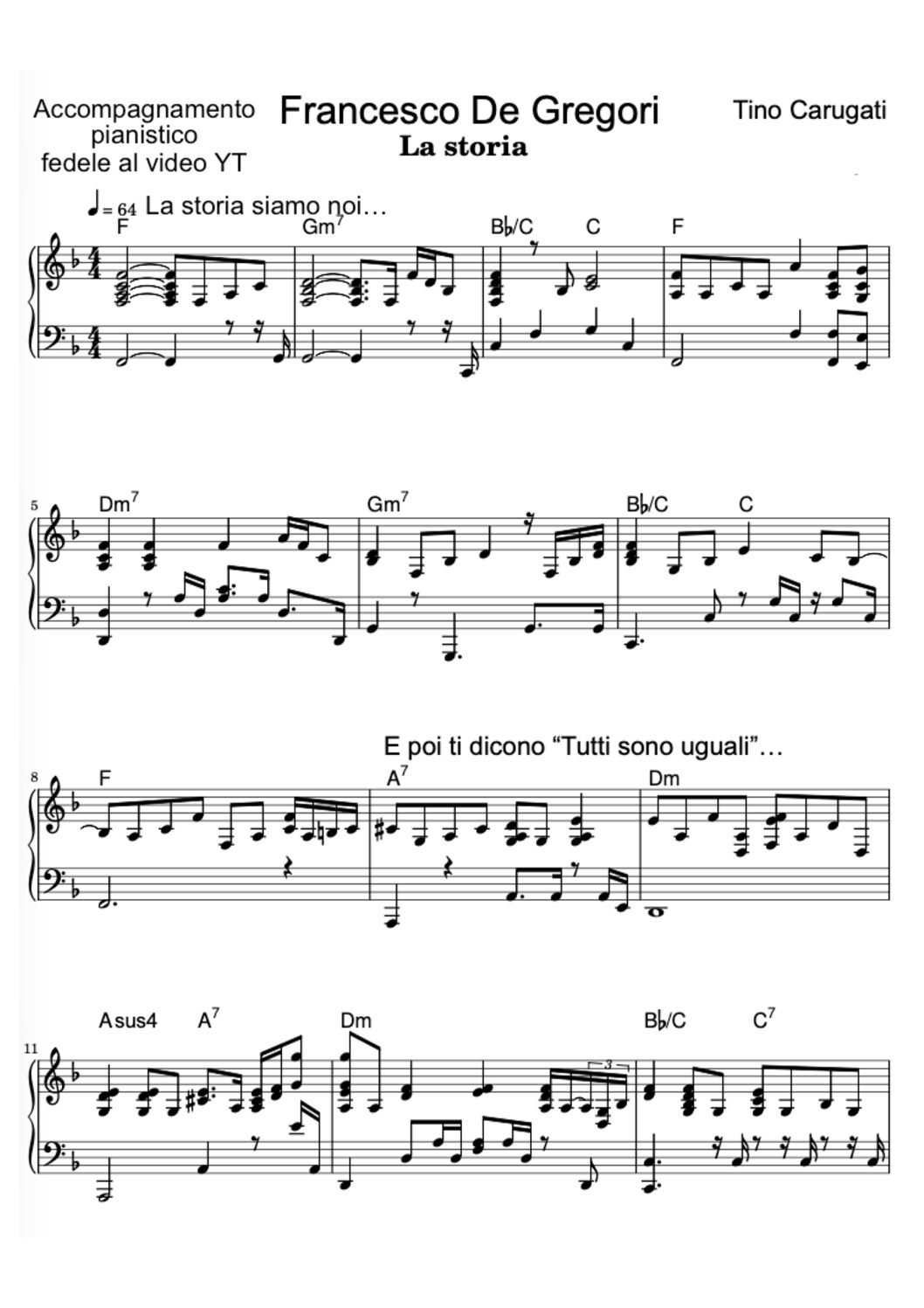 Spartito Pianoforte  "LA STORIA"  Francesco De Gregori - Accompagnamento fedele al video YT
