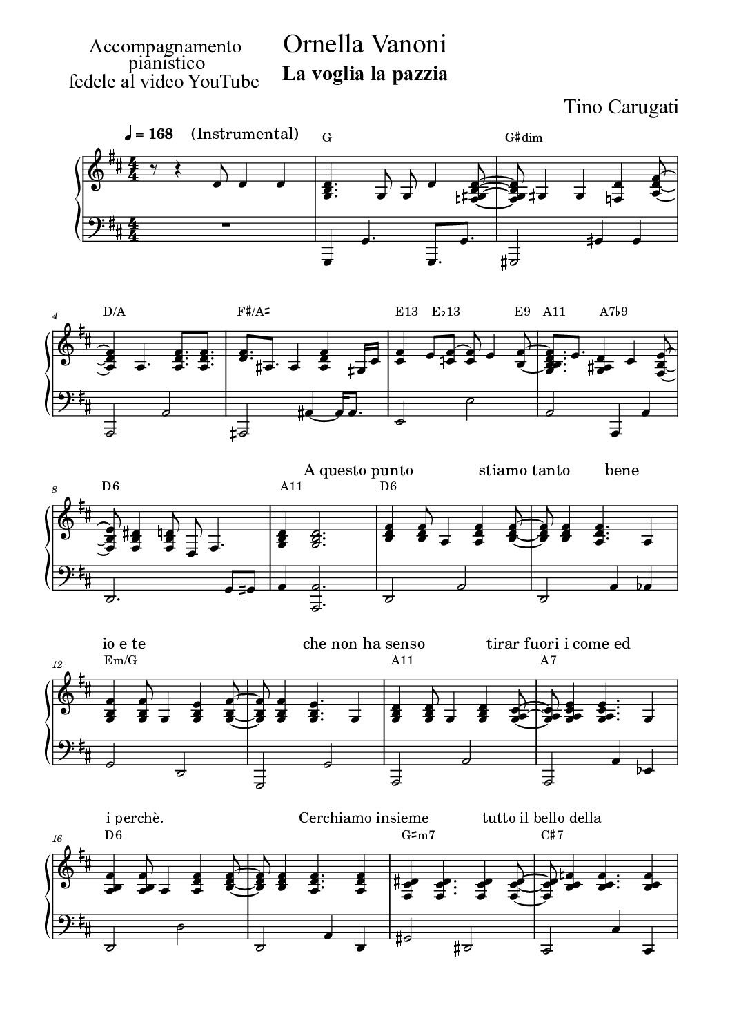 Spartito Pianoforte  "LA VOGLIA, LA PAZZIA"  Ornella Vanoni - Accompagnamento pianistico fedele al video YT e con il testo sul pentagramma