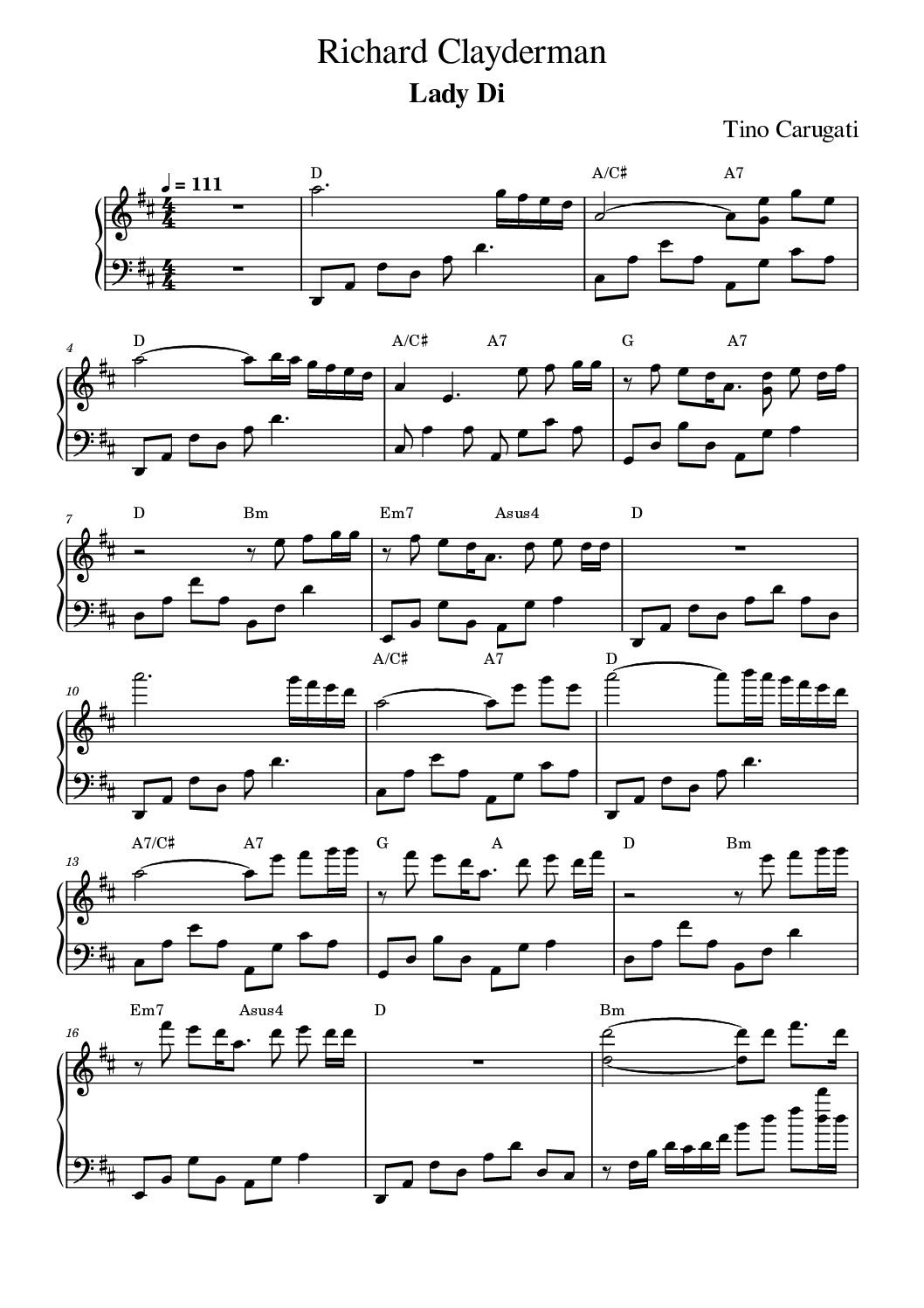 Spartito Pianoforte  " LADY DI "  Richard Clayderman