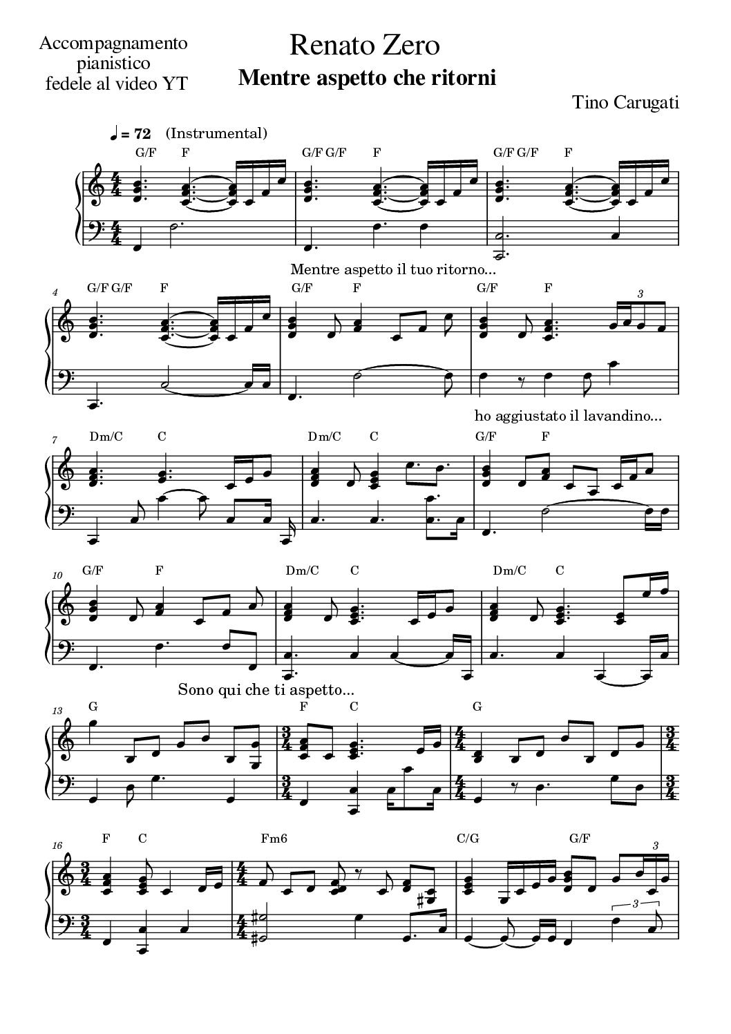 Spartito Pianoforte  "MENTRE ASPETTO CHE RITORNI"  Renato Zero - Accompagnamento pianistico fedele al video YT
