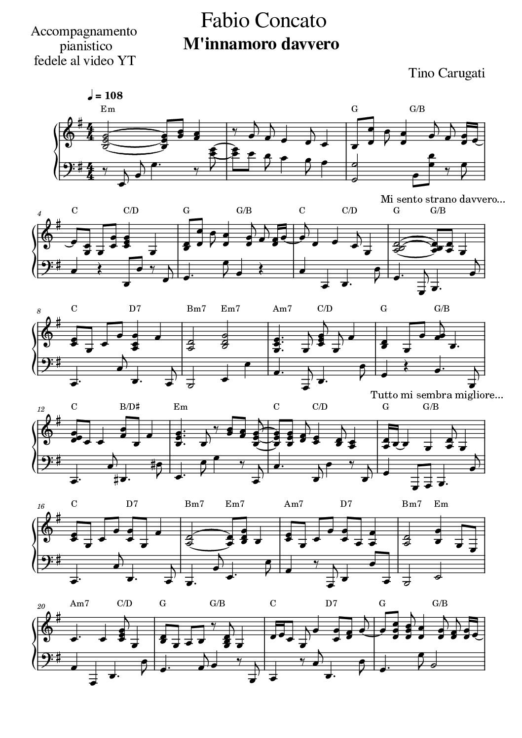 Spartito Pianoforte  "M'INNAMORO DAVVERO"  Fabio Concato - Accompagnamento pianistico fedele al video YT