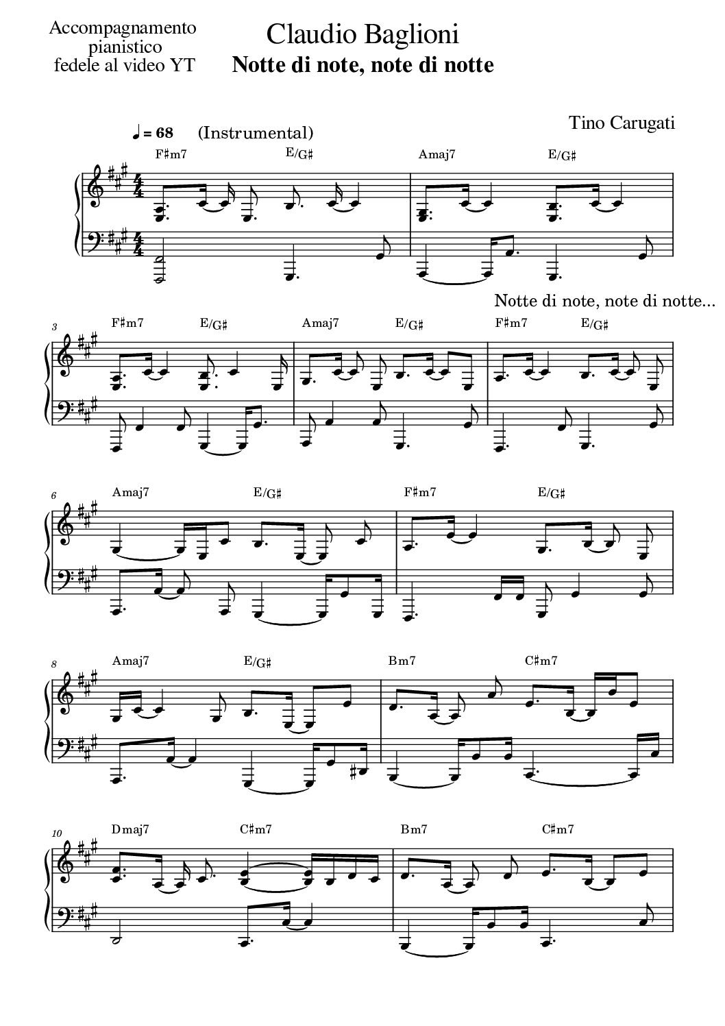 Spartito Pianoforte  "NOTTE DI NOTE, NOTE DI NOTTE"  Claudio Baglioni - Accompagnamento fedele al video YT