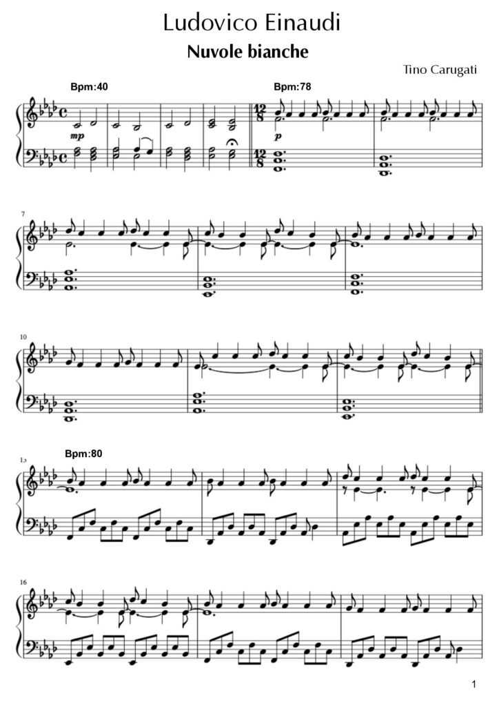 Spartito Pianoforte  " NUVOLE BIANCHE"  Ludovico Einaudi - Trascrizione fedele all'originale