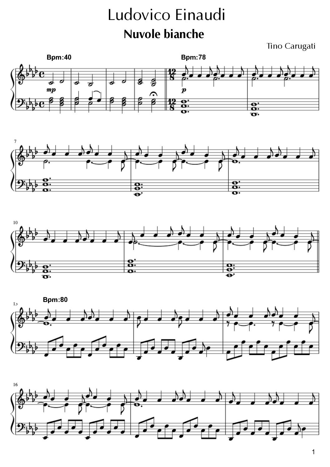 Spartito Pianoforte " NUVOLE BIANCHE" Ludovico Einaudi - Trascrizione fedele all'originale